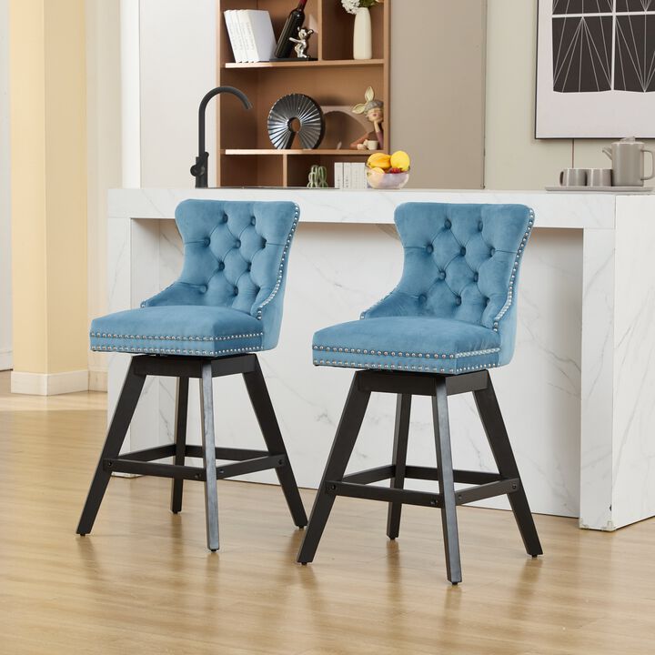 Set of 2 Swivel Velvet Barstools with Button Tufted and Wooden Legs, Leisure Style Bar Chairs