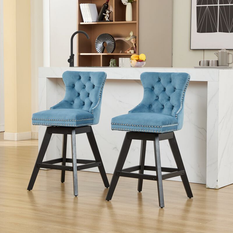 Set of 2 Swivel Velvet Barstools with Button Tufted and Wooden Legs, Leisure Style Bar Chairs image number 1