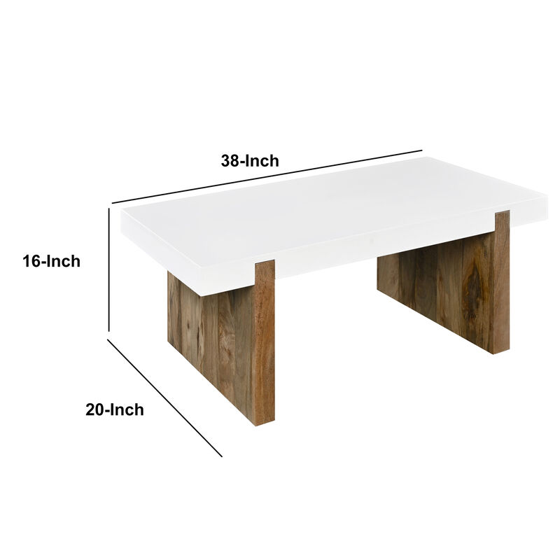 Kerry 38 Inch Mango Wood Coffee Table, Rectangular, Sled Base, Glossy White, Natural Brown-Benzara