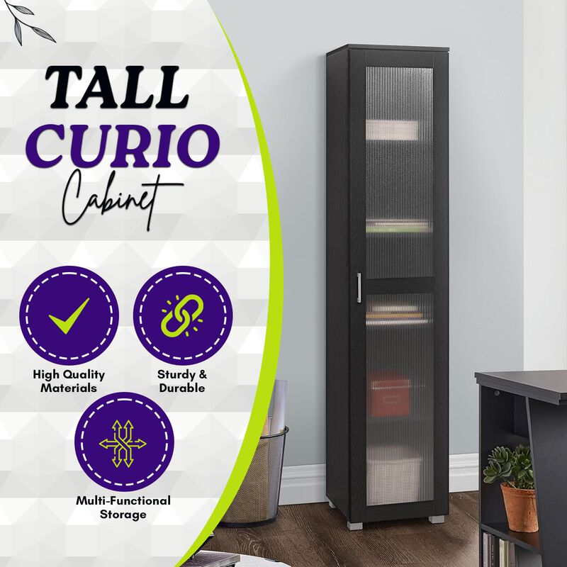 Kings Brand Furniture Romero Tall Curio Storage Cabinet - Tall Bookshelf Perfect for Living Room, Kitchen, Bedroom & Office - Storage Cabinet with 5 Storage Shelving & 1 Glass Door Display