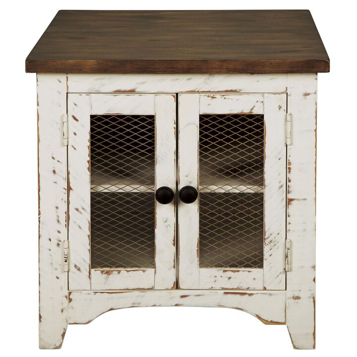 Two Tone Wooden End Table with Metal Grill Cabinet, Brown and White-Benzara