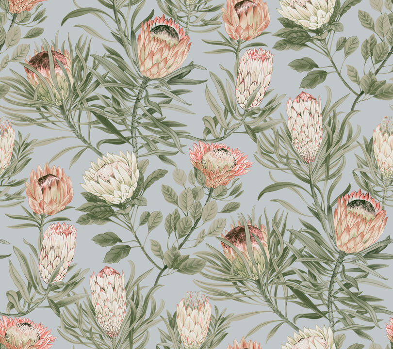 Protea Dusty Blue & Coral Wallpaper (Set of 2)