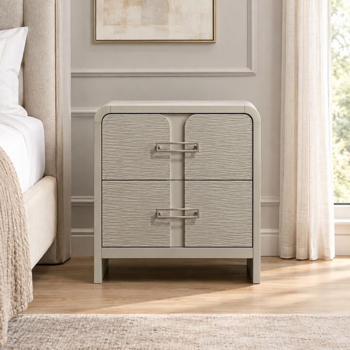 Aria Nightstand with 2 Wave-Front Drawers, Waterfall Edge and Chrome Pulls