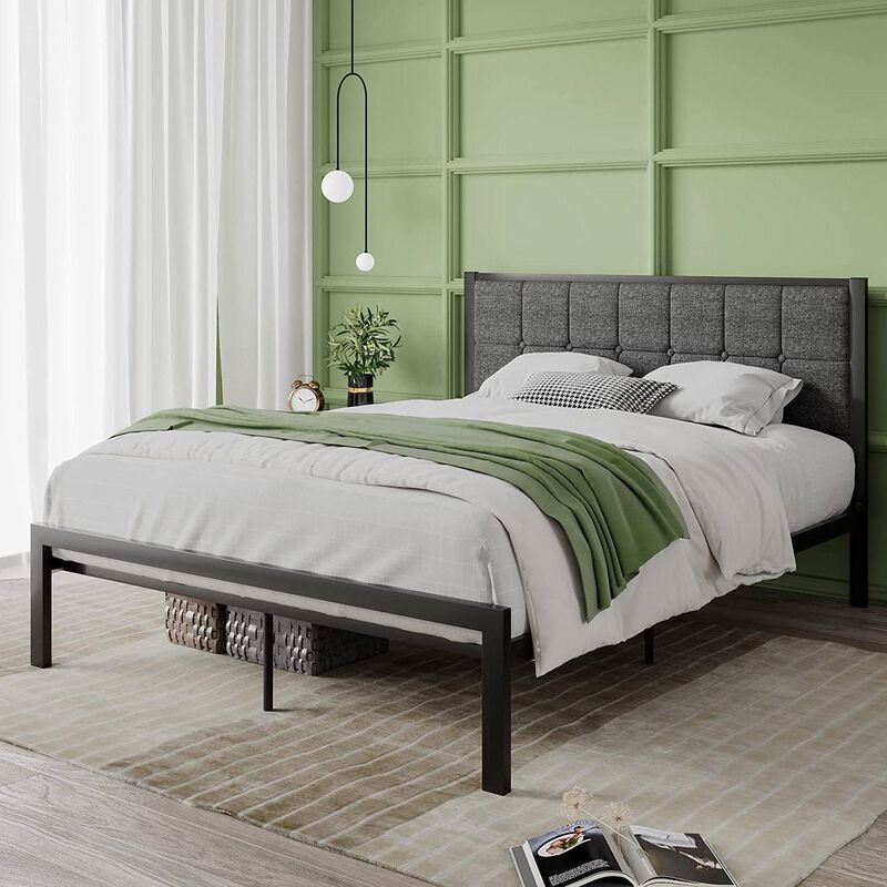 QuikFurn Full Metal Platform Bed Frame with Gray Button Tufted Upholstered Headboard