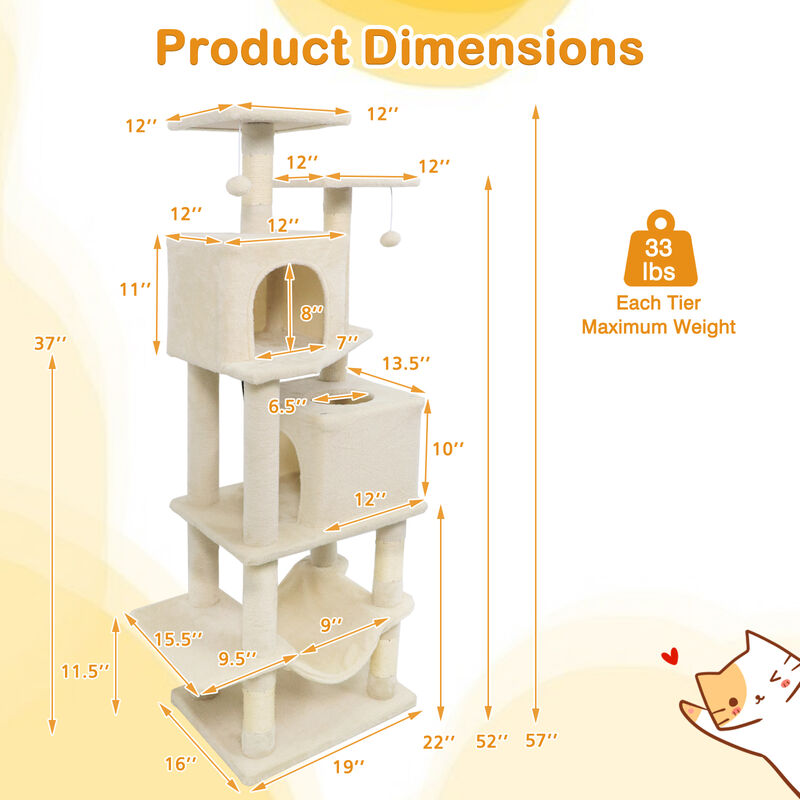 57" Multi-Level Cat Tower with 2 Condos, Hammock, and Dangling Balls image number 2