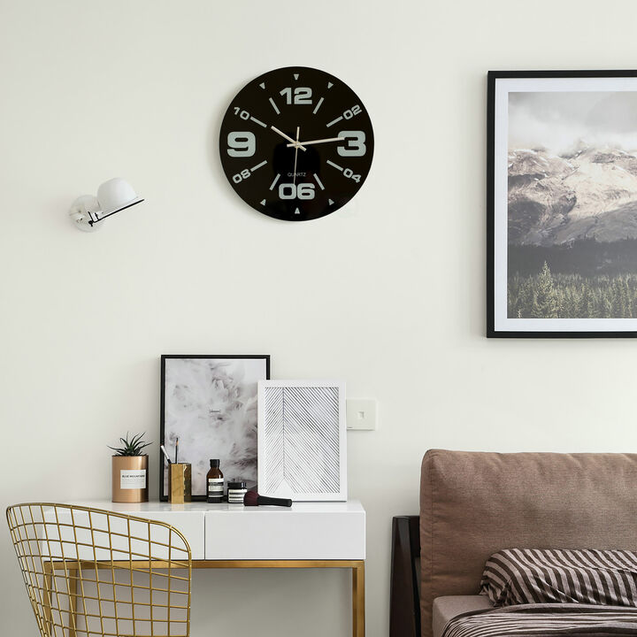 Black Decorative Unique Modern Round Glass Wall Clock, for Living Room, Kitchen, Dining or Bedroom