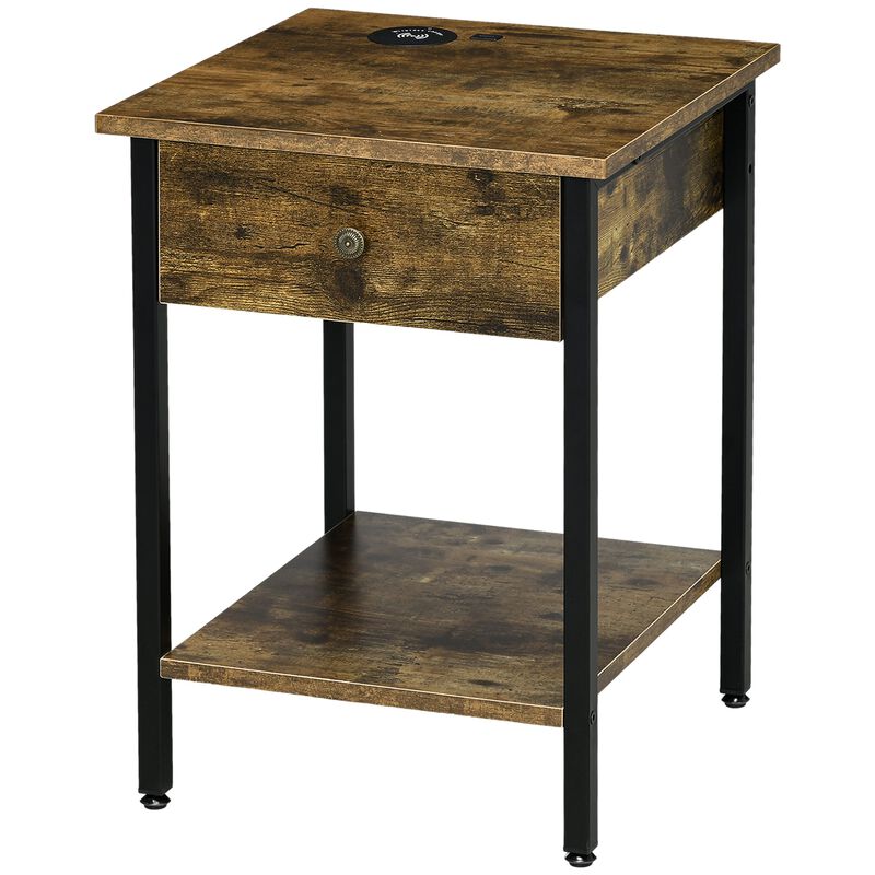 Rustic End Table: Wireless Charging, USB Ports, Warm Brown