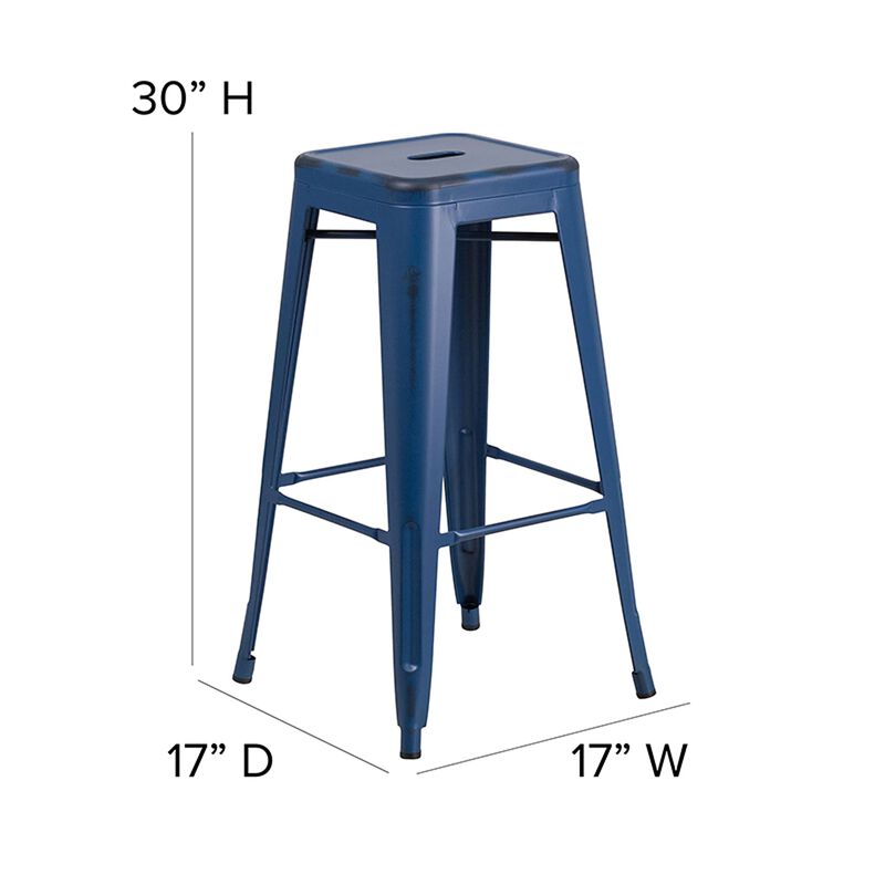 Flash Furniture Kai Commercial Grade 30" High Backless Distressed Antique Blue Metal Indoor-Outdoor Barstool