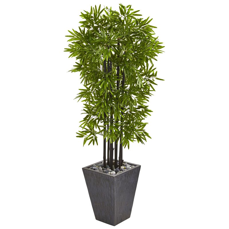 Hivvago 61 Inches Bamboo Artificial Tree with Black Trunks in Slate Planter UV Resistant (Indoor/Outdoor)