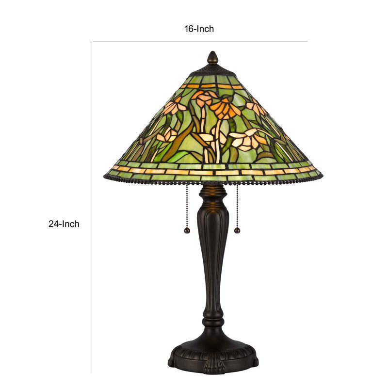 24 Inch Table Lamp, Floral Tiffany Style Stained Glass, Bronze Resin - Benzara