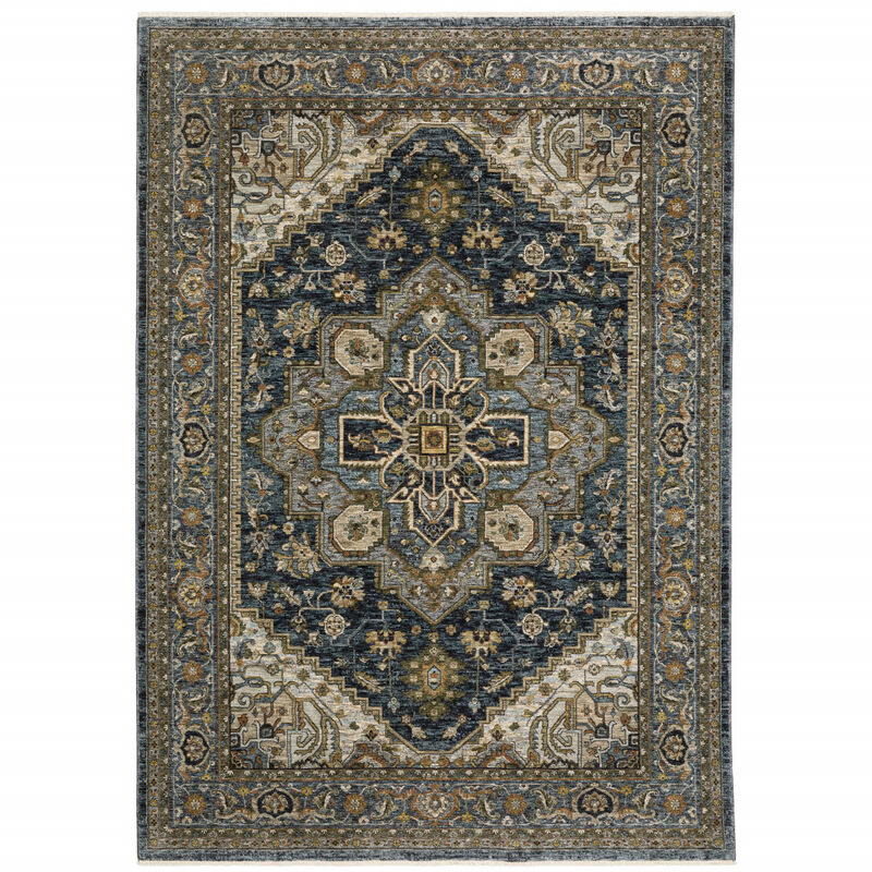 5 X 8 Blue And green Oriental Power Loom Area Rug With Fringe