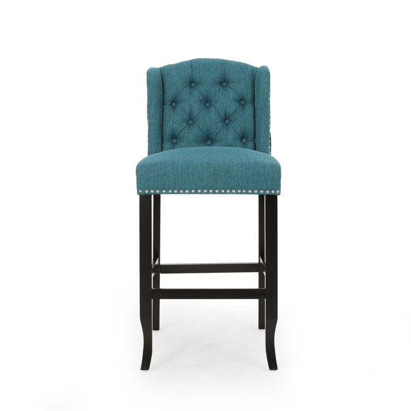 Seliva Barstool Chair Set of 2, Teal Fabric, Tufted Back, Brown Rubberwood - Benzara