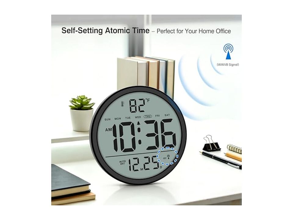 Atomic Never Needs Setting Digital Date Wall Clock 8 Inch Easy Read