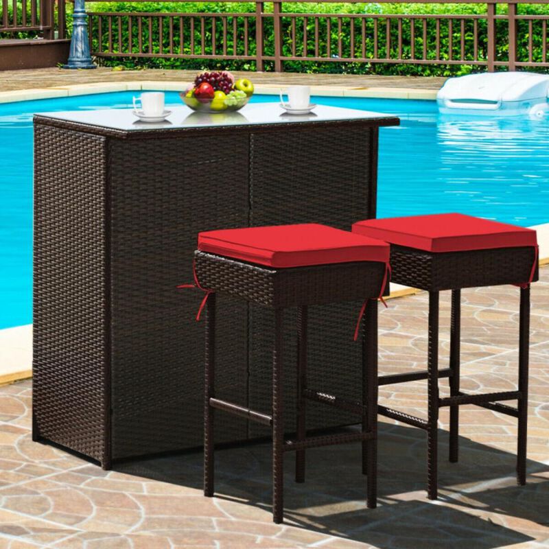 Hivvago 3 Pieces Outdoor Rattan Wicker Bar Set with 2 Cushions Stools