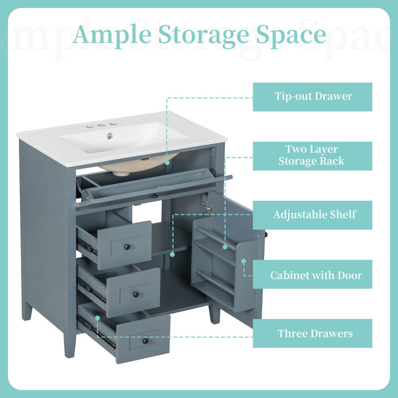 Merax Bathroom Storage Vanity with 3 Left Drawers, Right Cabinet with Adjustable Shelves image number 7