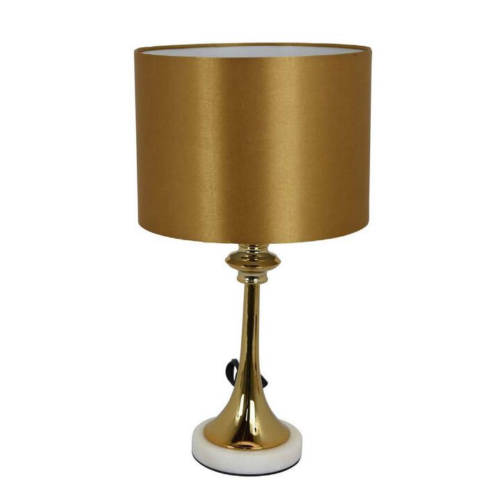 20 Inch Table Lamp, Drum Shade, Trumpet Shaped Body, Classic Gold Finish - Benzara
