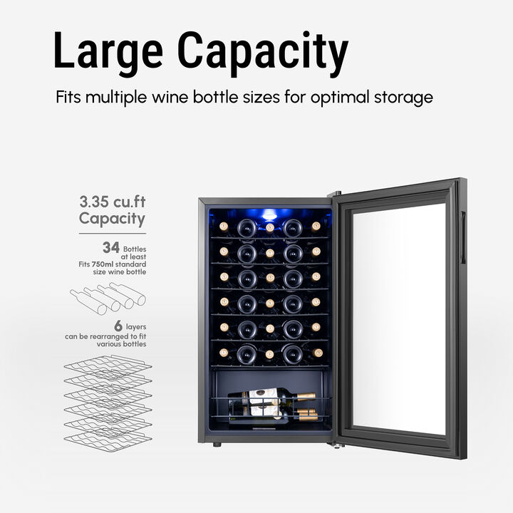 Wine Refrigerator Cooler, 34 Bottle Small Wine Fridge, Mini Freestanding Wine Cellars for Home, Office