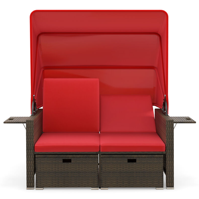 Outdoor Patio Rattan Daybed with Retractable Canopy and Adjustable Backrests