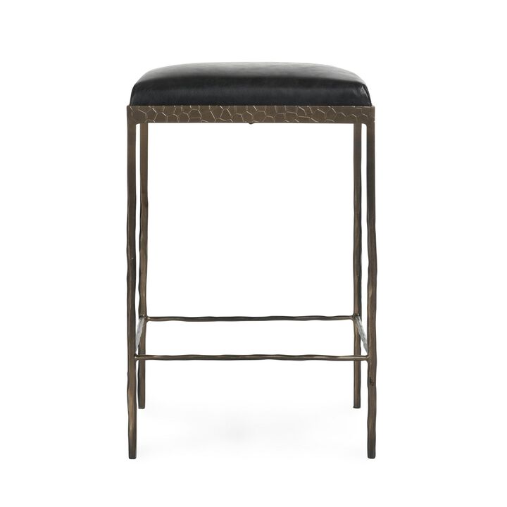 Ocea Counter Stool with Black Leather Seat, Embossed Textured Iron - Benzara