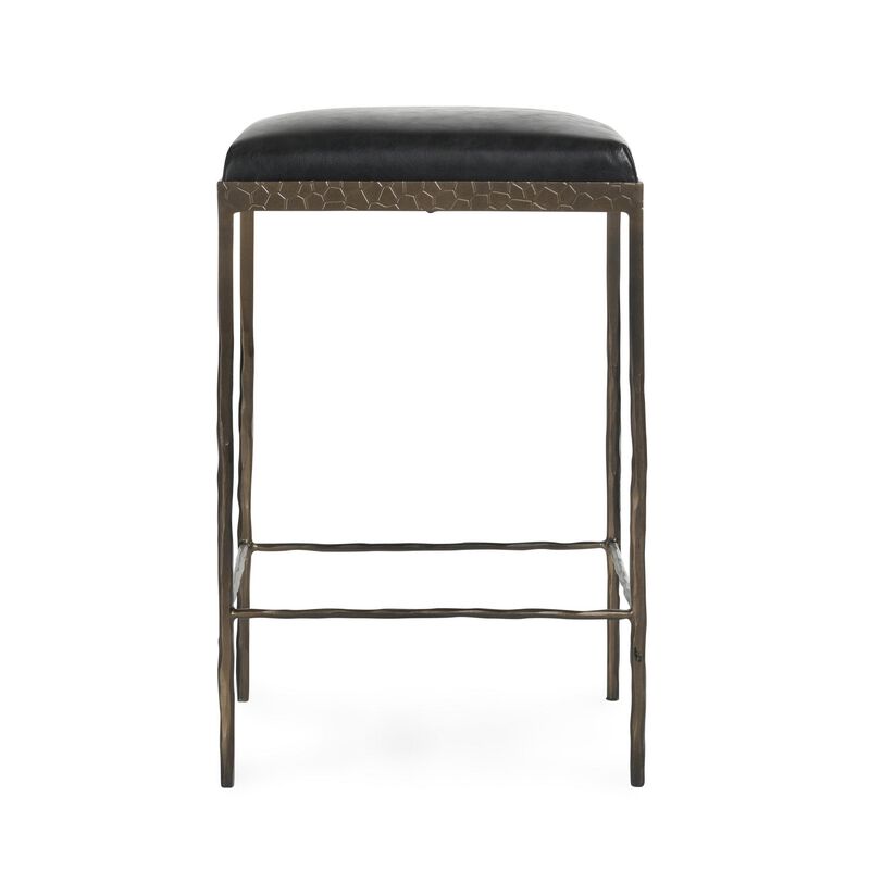 Ocea Counter Stool with Black Leather Seat, Embossed Textured Iron - Benzara