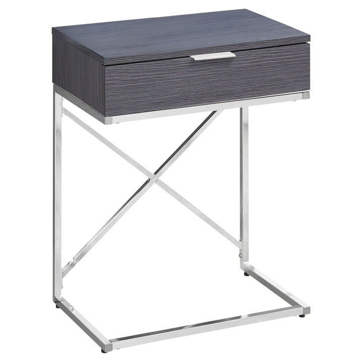 Monarch Specialties I 3474 Accent Table, Side, End, Nightstand, Lamp, Storage Drawer, Living Room, Bedroom, Metal, Laminate, Grey, Chrome, Contemporary, Modern
