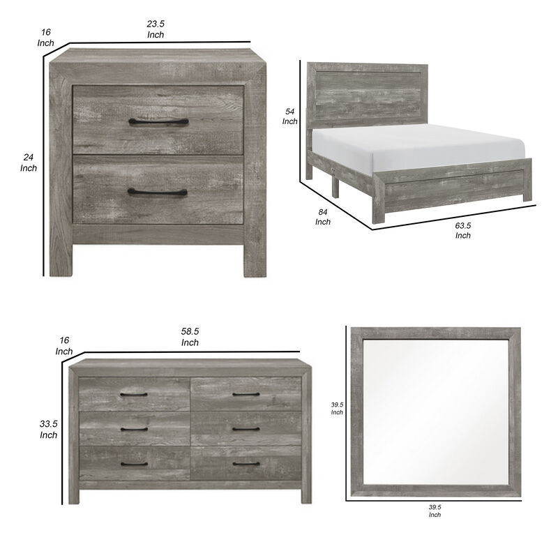 Eb Four Piece Queen Size Bedroom Set, Farmhouse Style, Gray, Black - Benzara