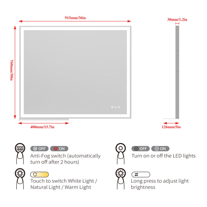 ELEMENT ACE LED Wall Mounted Bathroom Vanity Mirror with Adjustable White Warm Natural Light Anti-Fog Touch Switch Memory Function Smart Large Rectangular Bathroom Mirror image number 2