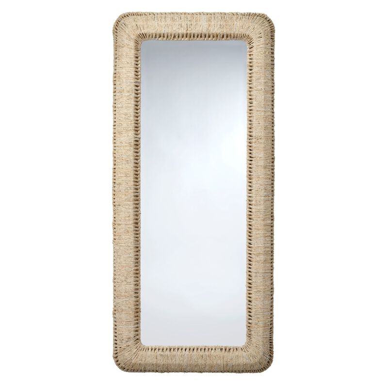 Holo Floor Mirror, 76 Inch Tall Frame, Natural Brown Woven Cornhusk - Benzara