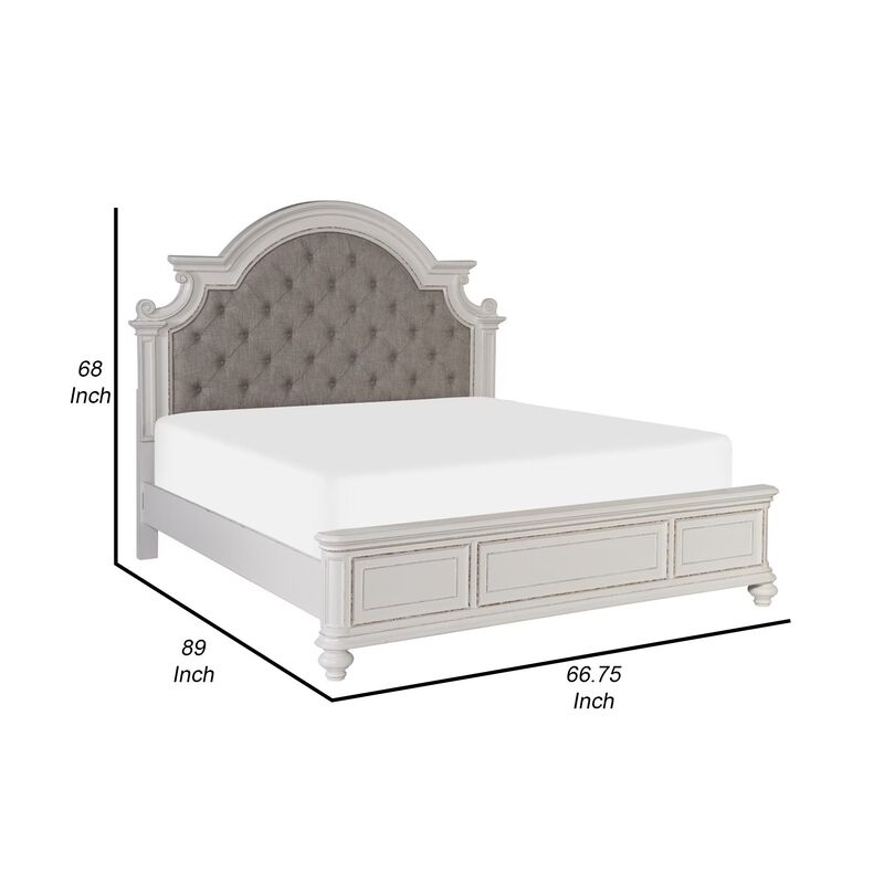 Desha Queen Bed, Button Tufted Headboard with Curve Details, Antique White