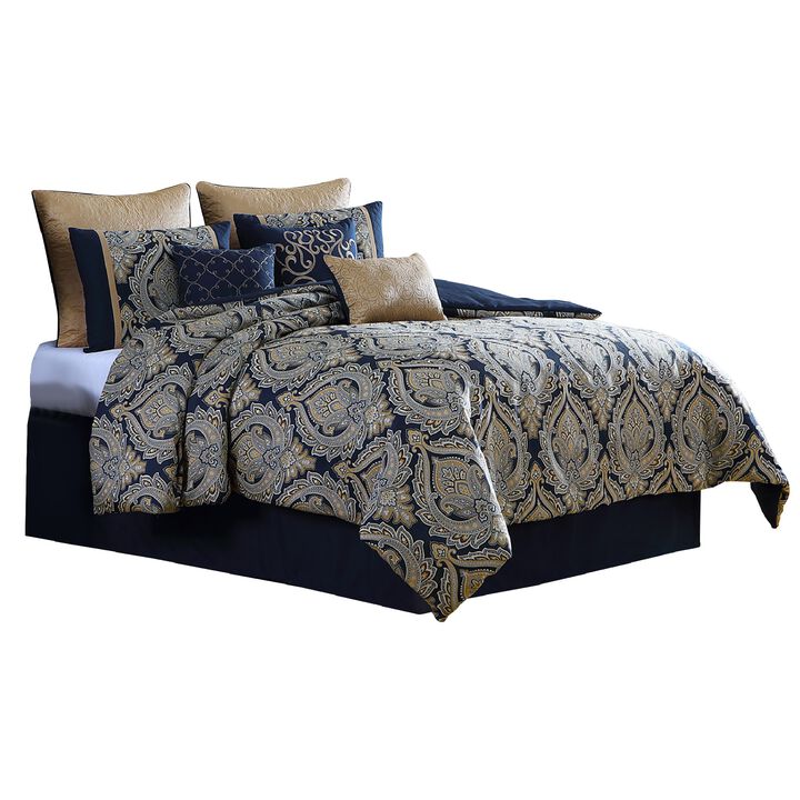 Nova 10 Piece Polyester King Comforter Set, Gold Damask Print, Navy Blue - Benzara