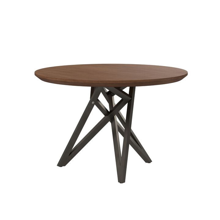 Kimya 47 Inch Dining Table, Round Wood Top, Angled Steel Legs, Brown, Black - Benzara