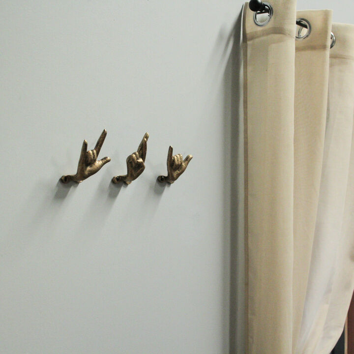 Set of 3 Antique Gold Cast Iron Hand Gesture Wall Hooks