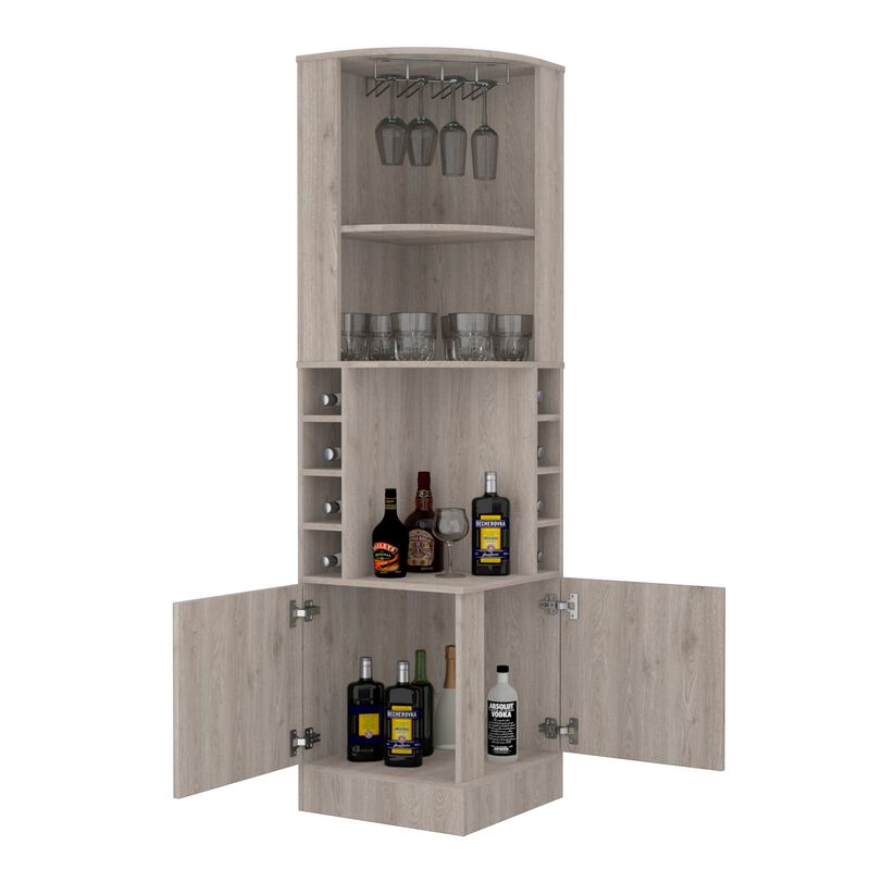 Syrah Corner Bar Cabinet, Eight Bottle Cubbies, Double Door, Two Open Shelves-Black