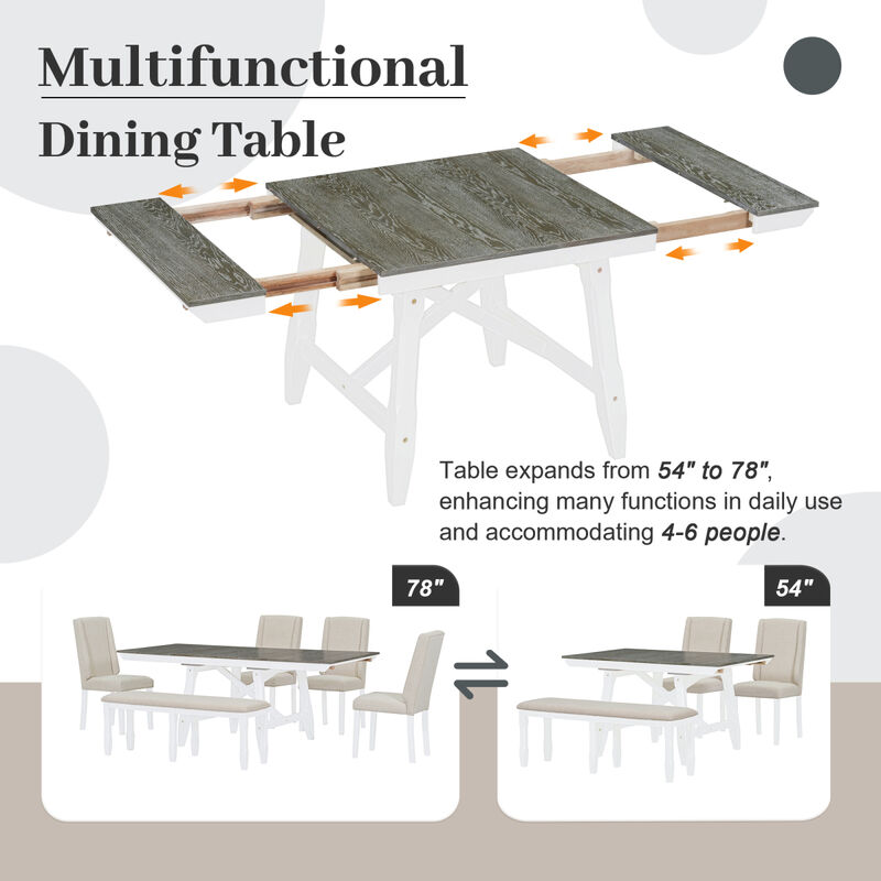 6Piece Classic Dining Table Set, Rectangular Extendable Dining Table with two 12"W Removable Leaves and 4 Upholstered Chairs 1 Bench for Dining Room (Brown+White)