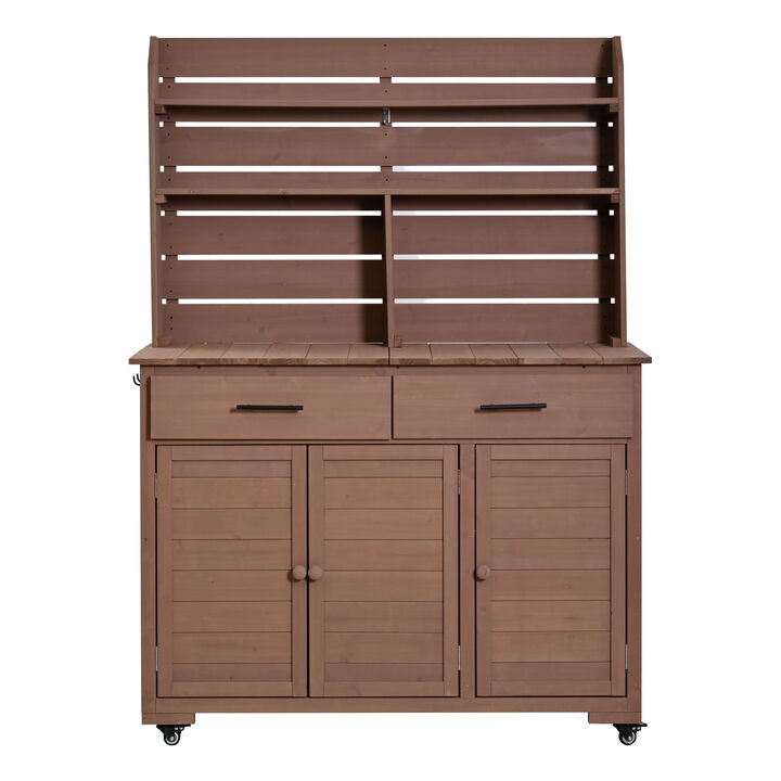 Whisen 65"H Rustic Garden Potting Table with Wheels, Lockable Storage Cabinet & Hutch Top