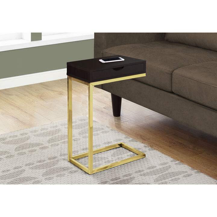 Monarch Specialties I 3236 Accent Table, C-shaped, End, Side, Snack, Storage Drawer, Living Room, Bedroom, Metal, Laminate, Brown, Gold, Contemporary, Modern