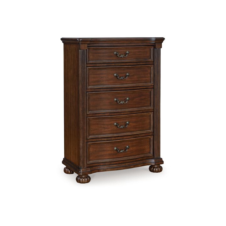 Laon Tall Dresser Chest, 5 Drawer Cherry Brown Solid Hardwood, 51 Inch - Benzara