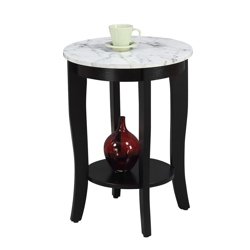 Convenience Concepts American Heritage Round End Table, White Faux Marble / Black