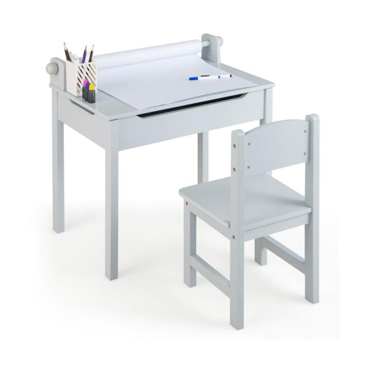 Hivvago Wooden Kids Table and Chair Set with Storage and Paper Roll Holder