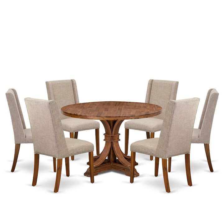 7-Piece Dining Room Set A Dinning Table, 6 Light Tan Linen Fabric Dining Chairs