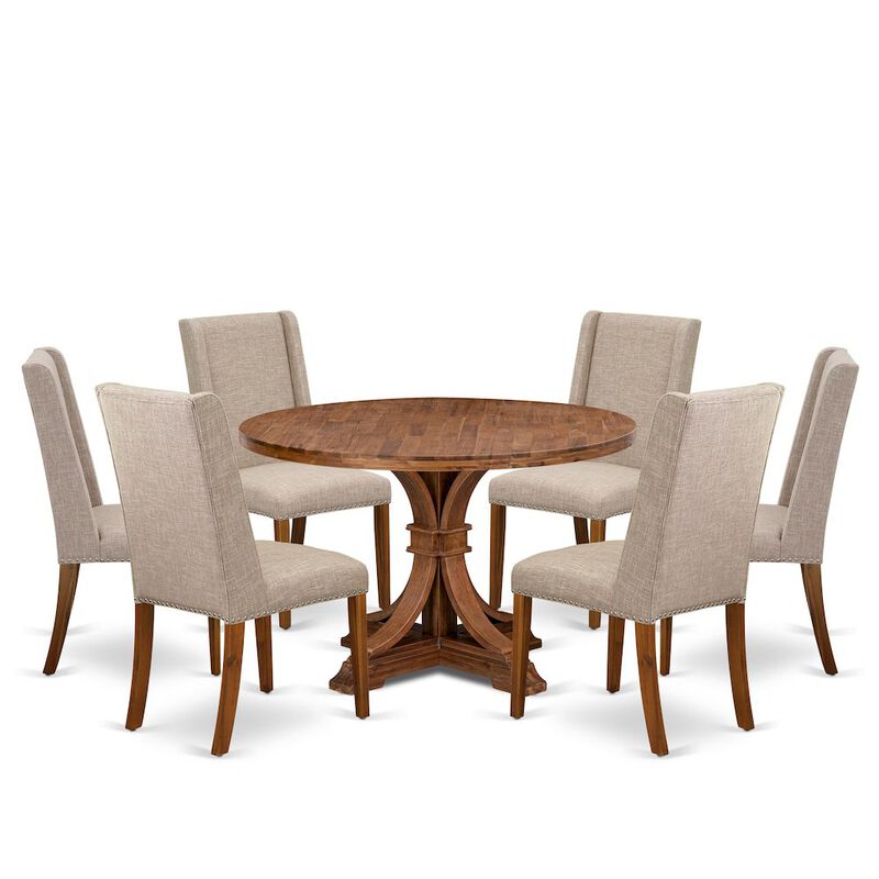 7-Piece Dining Room Set A Dinning Table, 6 Light Tan Linen Fabric Dining Chairs