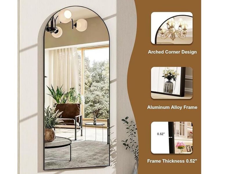 "56"x21"Arched Full Length Mirror  Black Aluminum Frame  Freestanding or Wall-Mounted for Bedroom & Dressing Room