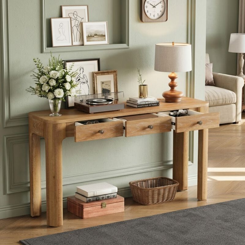 Whisen 52" Rustic Console Table with 3 Drawers, Solid Wood MDF, Sturdy Sofa Table for Entryway Living Room Hallway image number 1