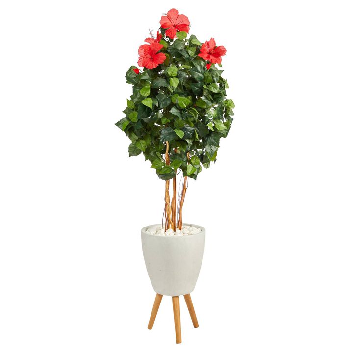 Nearly Natural 58-in Hibiscus Artificial Tree in White Planter with Stand