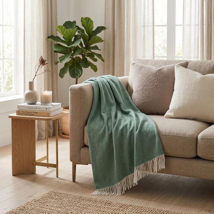 HomeRoots 50" X 60" Olive Green And White Woven Herringbone Plush Throw Blanket with Tassels
