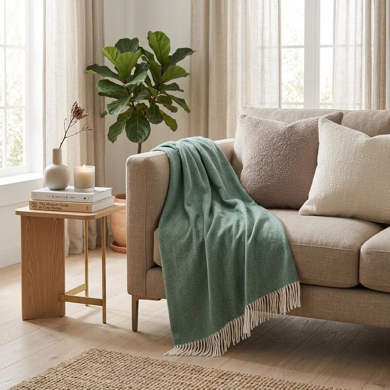 HomeRoots 50" X 60" Olive Green And White Woven Herringbone Plush Throw Blanket with Tassels image number 1
