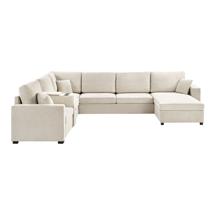 Merax Customizable 5-Seater Modular Sectional Sofa - Chenille Upholstery with Storage & Cup Holders