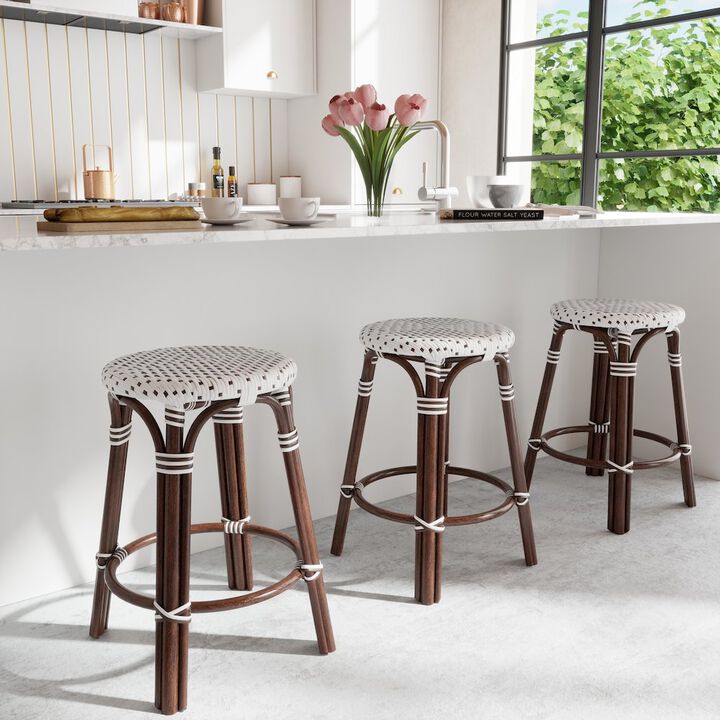Butler Specialty Tobias Rattan Round 24 Counter Stool, White and Brown Dot