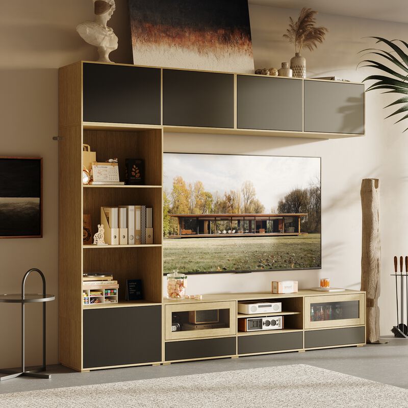 FUFU&GAGA Entertainment Wall Unit with 69" TV Console, Wall-Mounted Cabinets, Glass Doors, (92.7"W x 80.1"H x 15.7"D), Grey & Natural Wood Finish