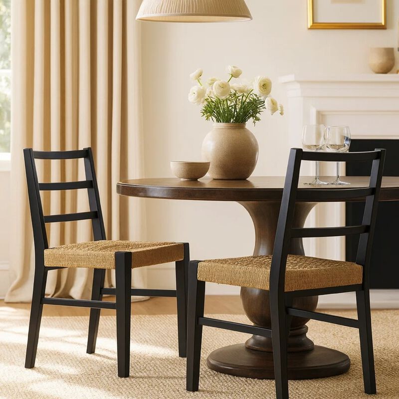 Wrenn Dining Side Chair Set of 2, Faux Rattan Woven Seat, Black Wood image number 1